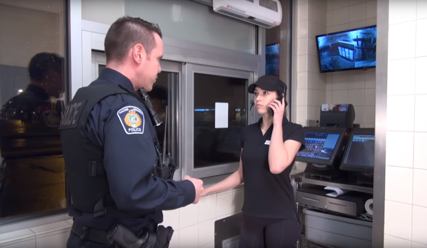 A scene from a Halton police training video that encourages drive-thru workers to call 911 when they suspect an impaired driver.