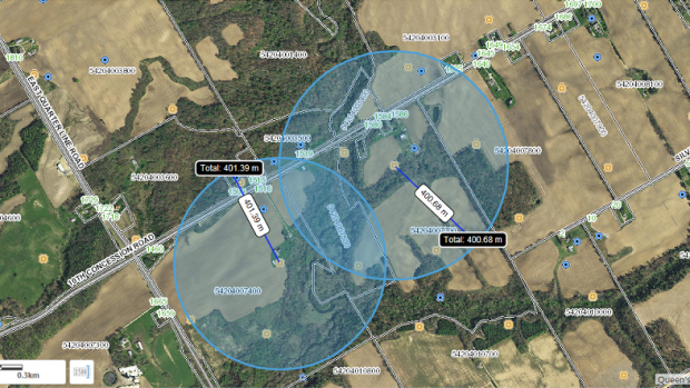 Imagery of the 400-metre radius zones in Norfolk County that have been evacuated.