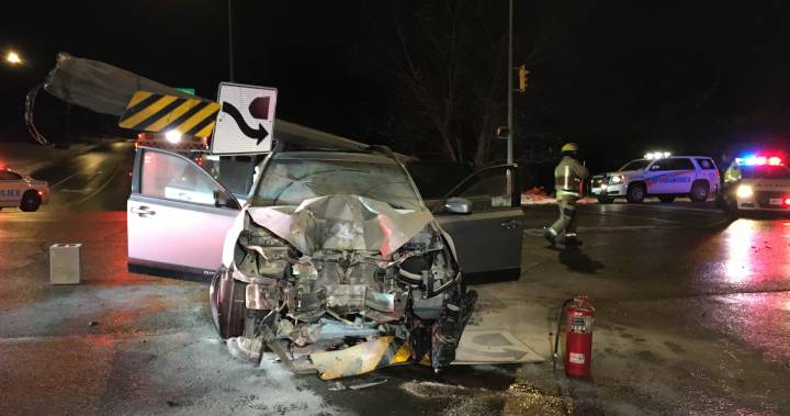 Traffic light pole topples on car following crash in Peterborough’s west end