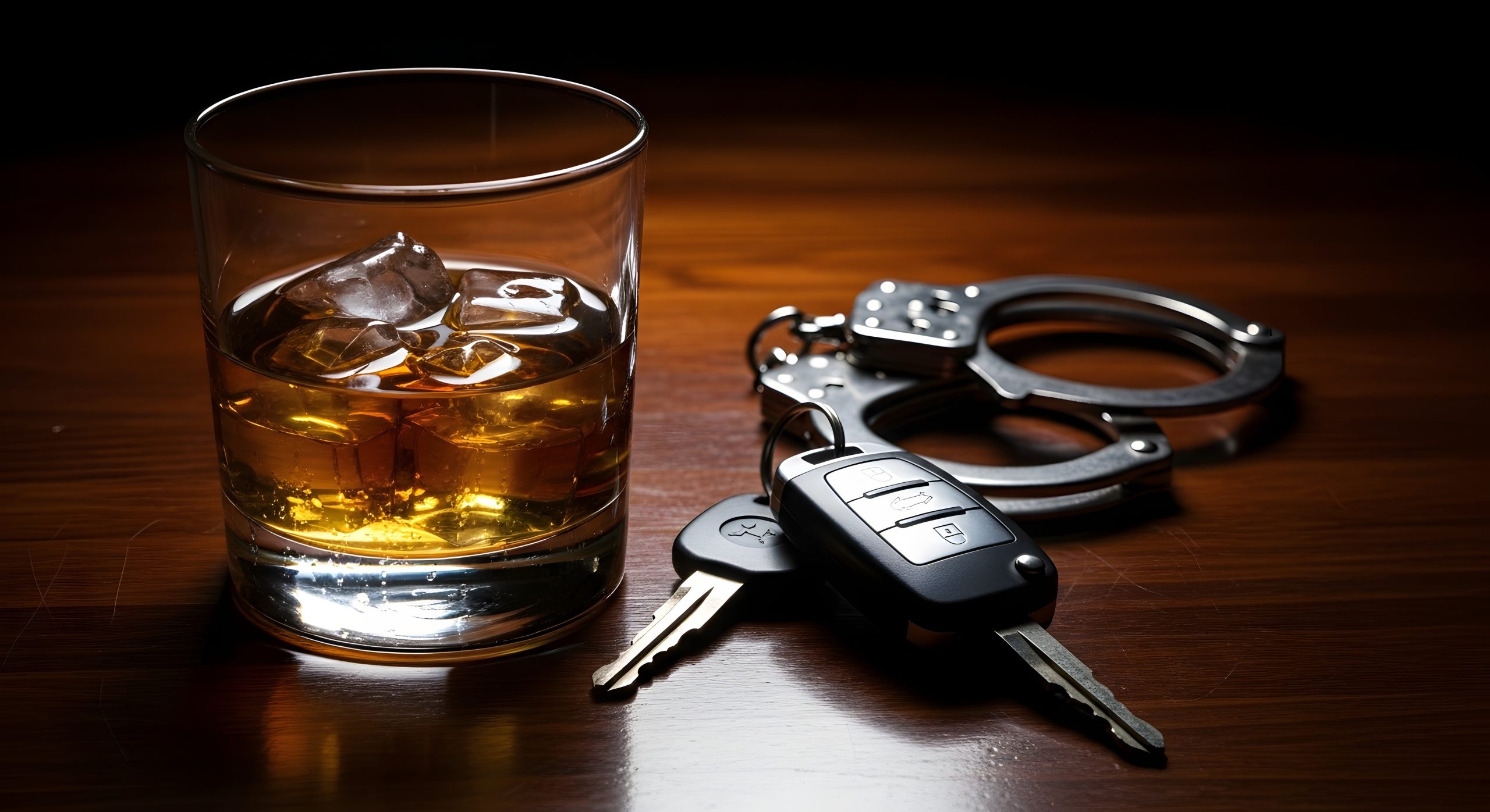 A whiskey glass, car keys, and handcuffs resting on a wood table. The picture warns about driving under the influence.