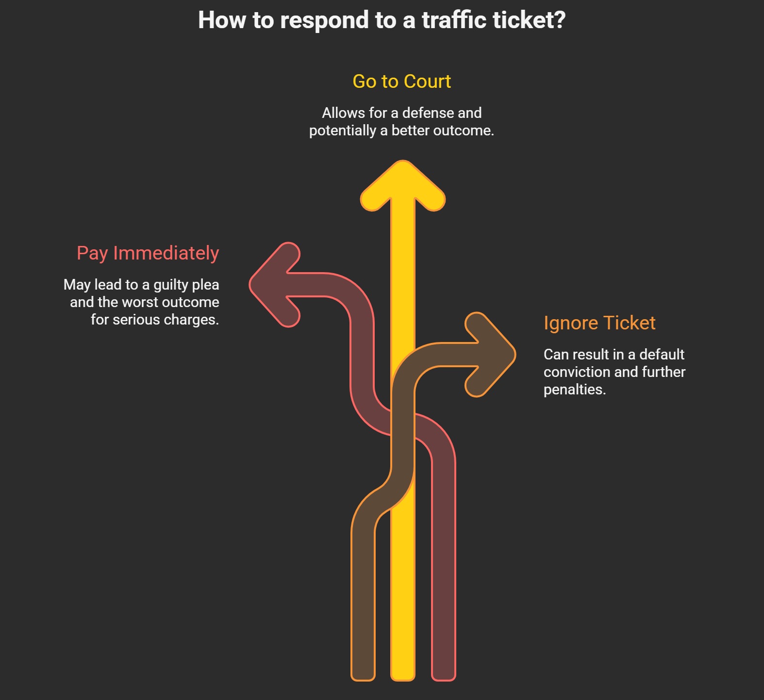 An arrow infographic detailing how to respond to a traffic ticket.