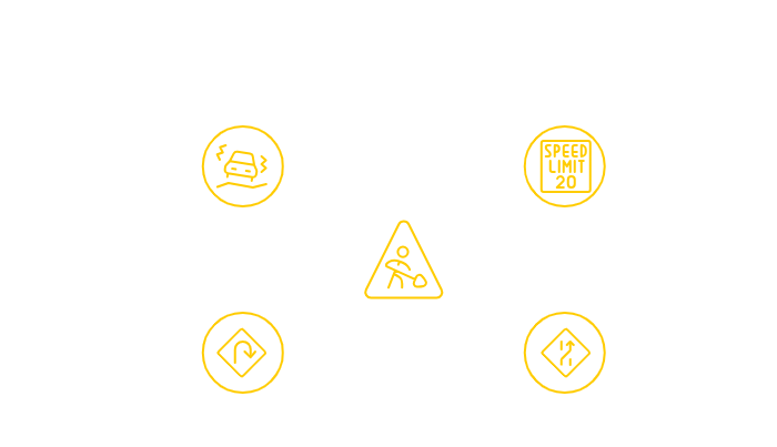 Infographic showing four roadwork traffic violations — Careless Driving, Speeding, Improper Turn, and Unsafe Lane Change, surrounding a central construction zone warning icon.