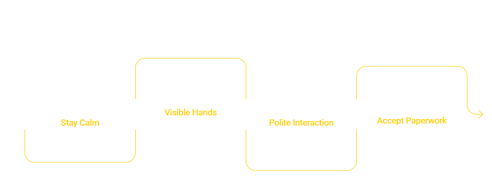 Infographic showing four steps to follow during a traffic stop: stay calm, keep your hands visible, be polite with the officer, and accept the ticket or paperwork calmly.