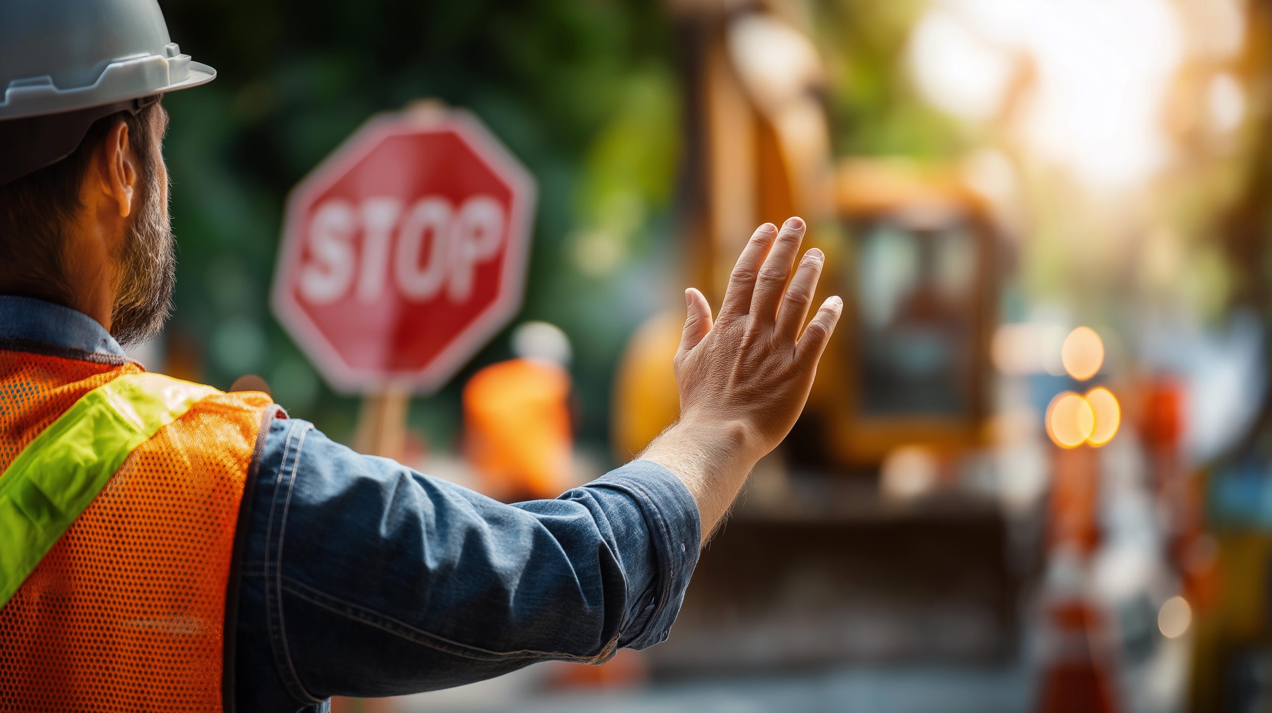 A construction worker in an orange vest and hard hat holds up a hand to stop traffic, with a stop sign and heavy equipment in the background.