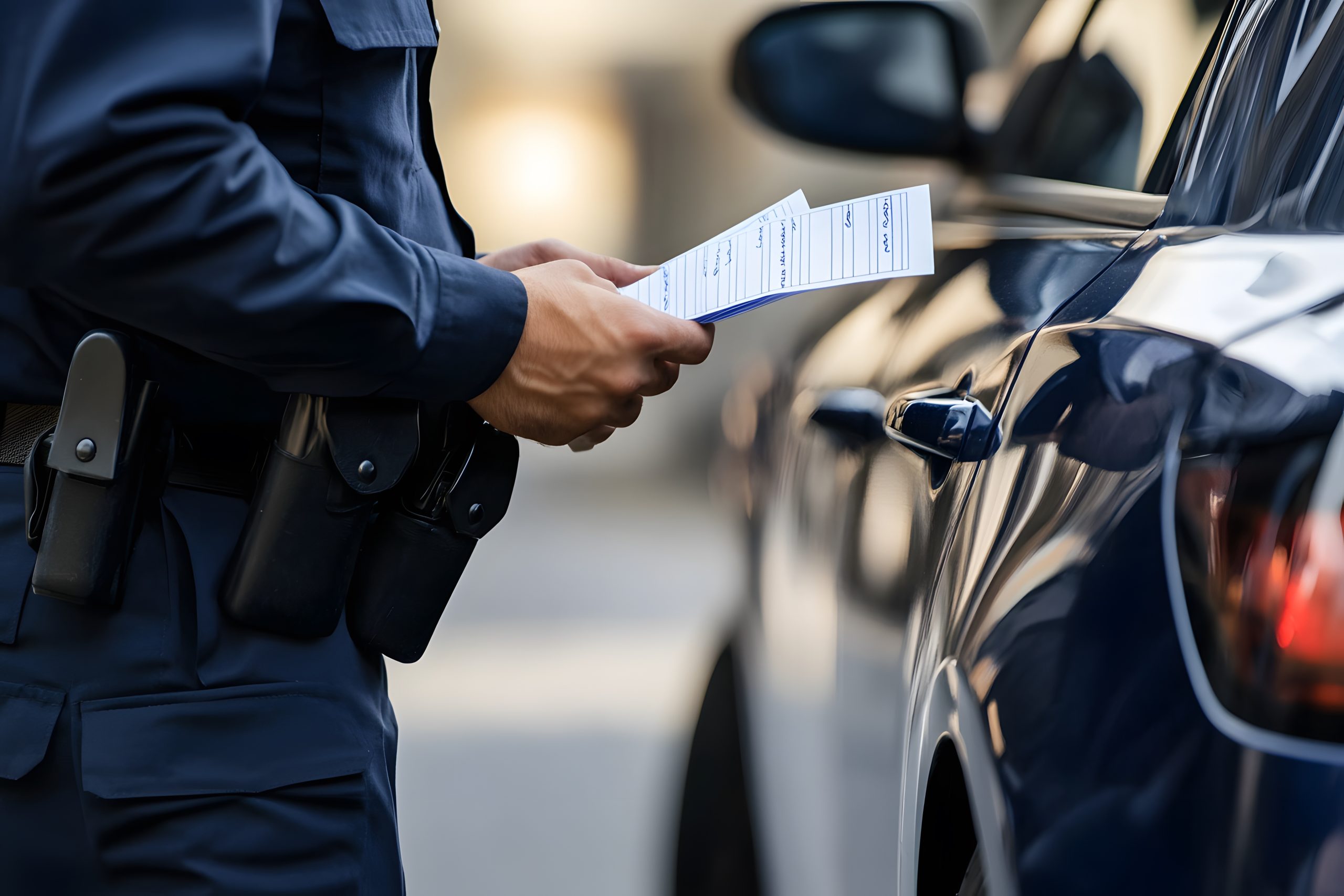 Policeman writing a ticket to a parked car.