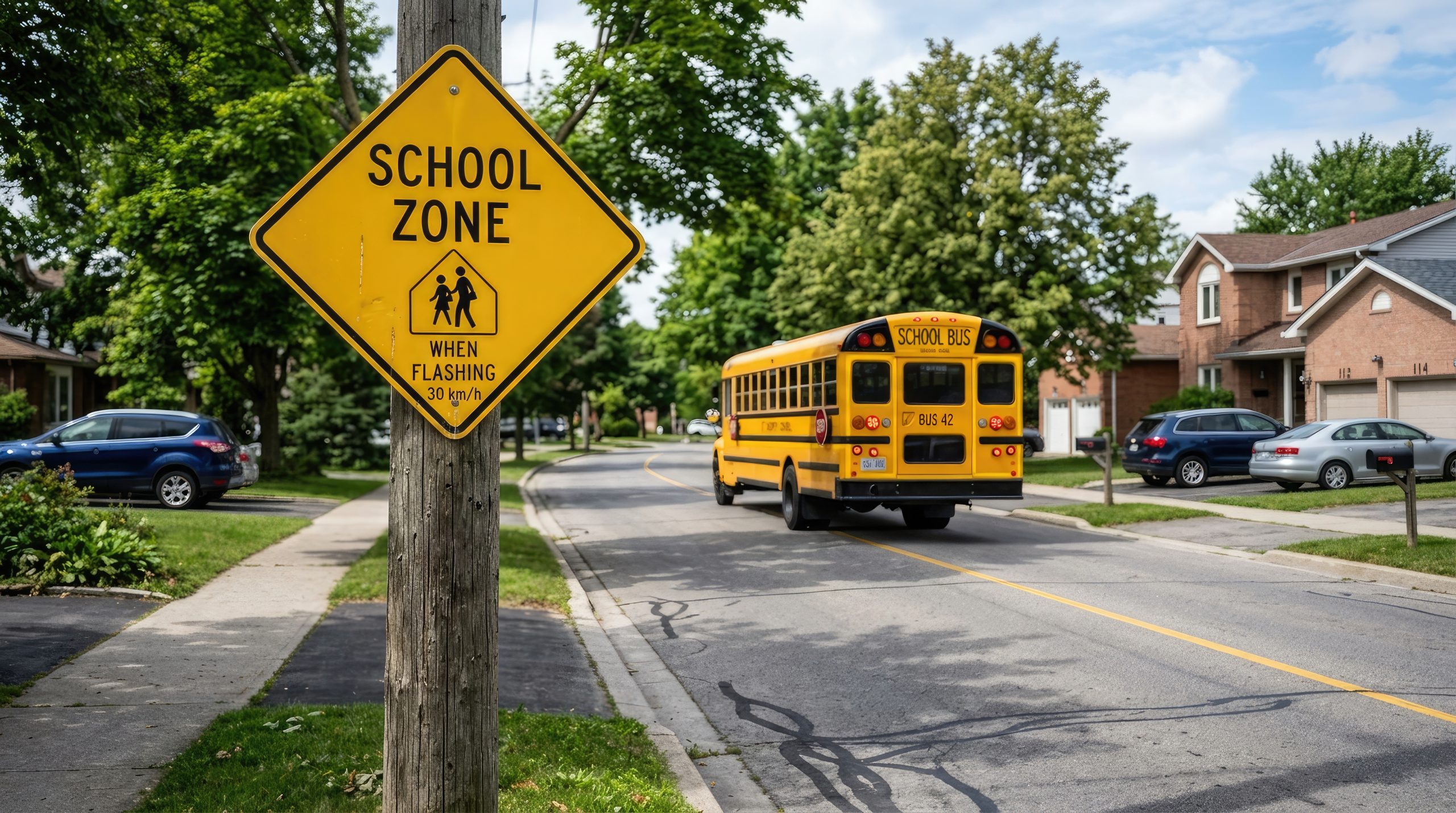 Yellow school zone sign beside a residential street with a school bus driving through the neighbourhood.